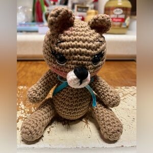 Handmade Crochet Bear with Blue Bow